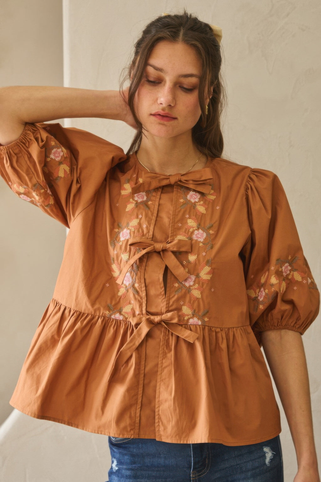 Embroidered Bow Peplum Blouse -