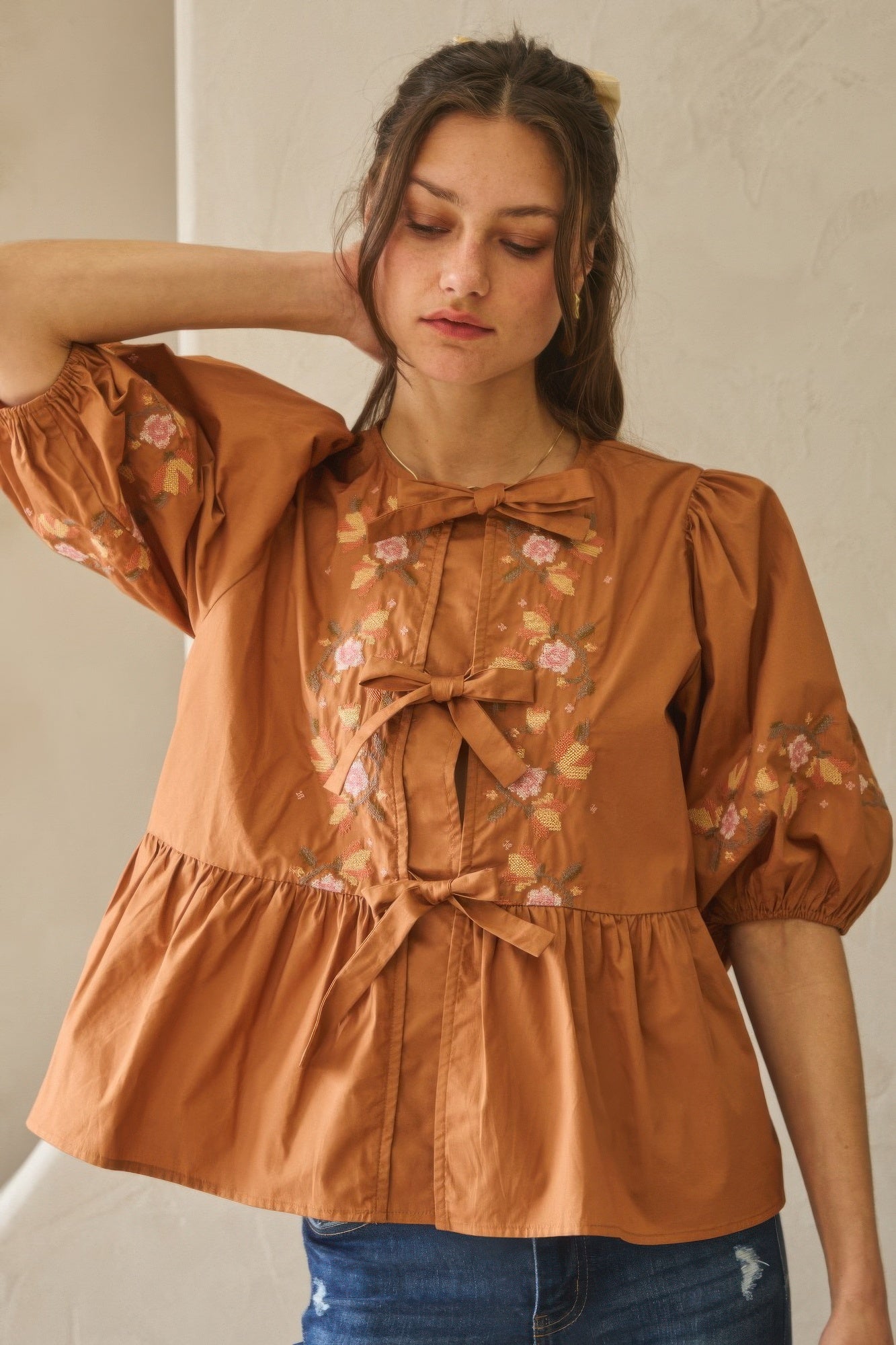 Embroidered Bow Peplum Blouse -