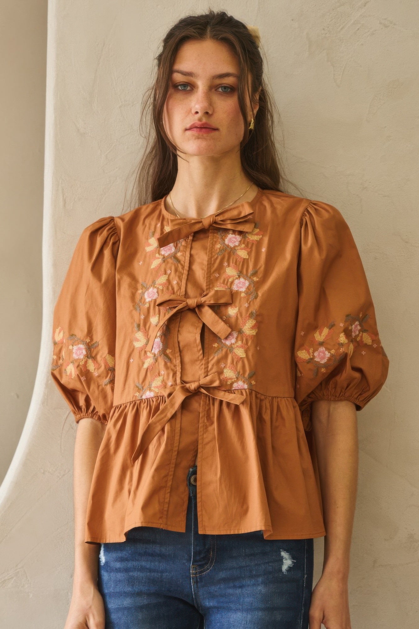 Embroidered Bow Peplum Blouse -