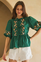 Embroidered Bow Peplum Blouse -