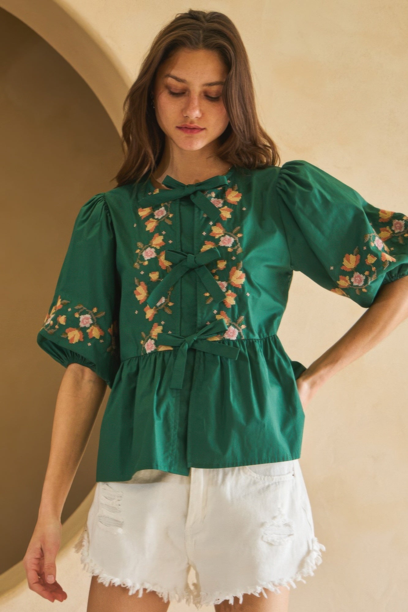 Embroidered Bow Peplum Blouse -