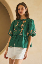 Embroidered Bow Peplum Blouse -
