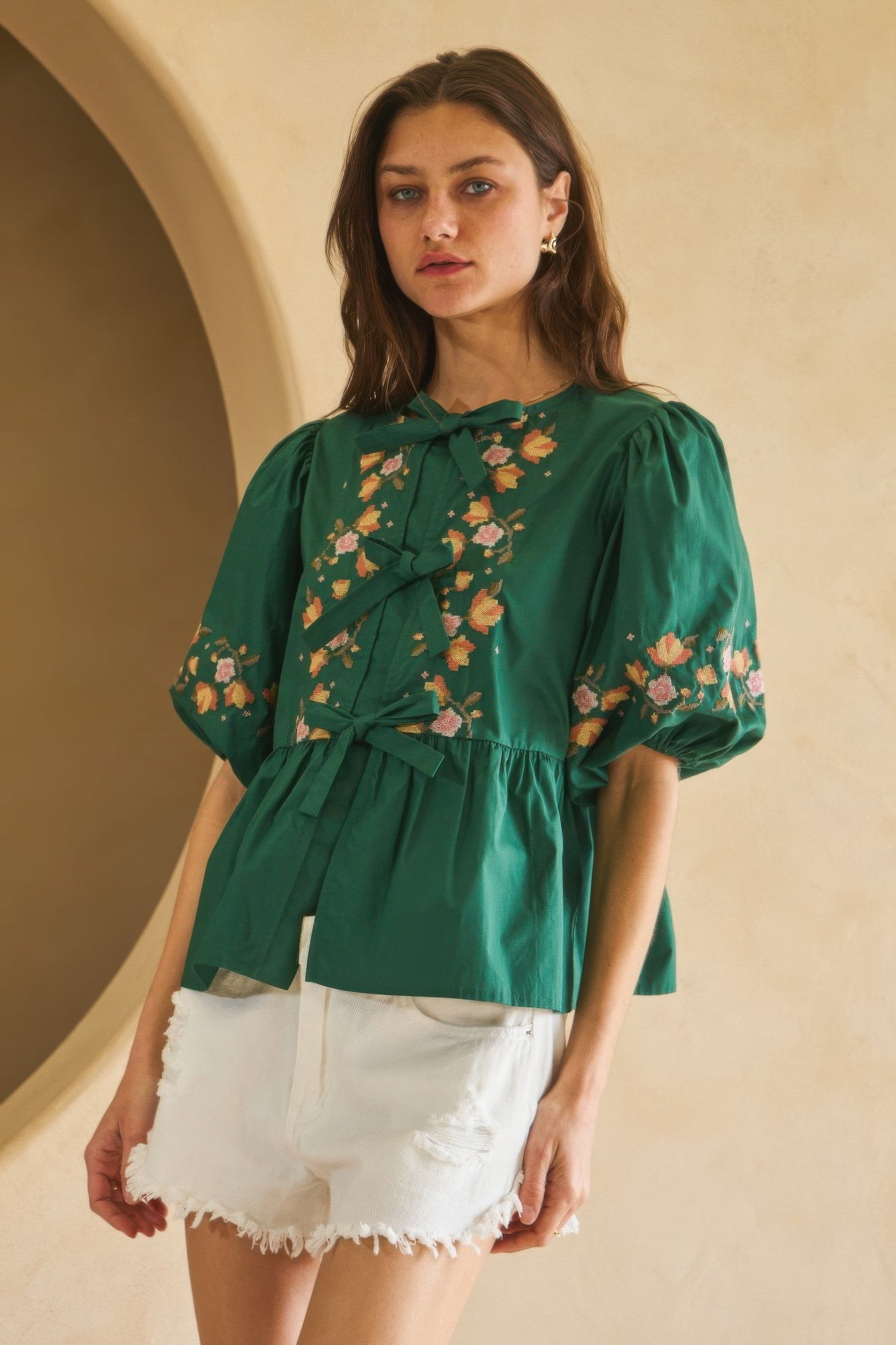 Embroidered Bow Peplum Blouse -