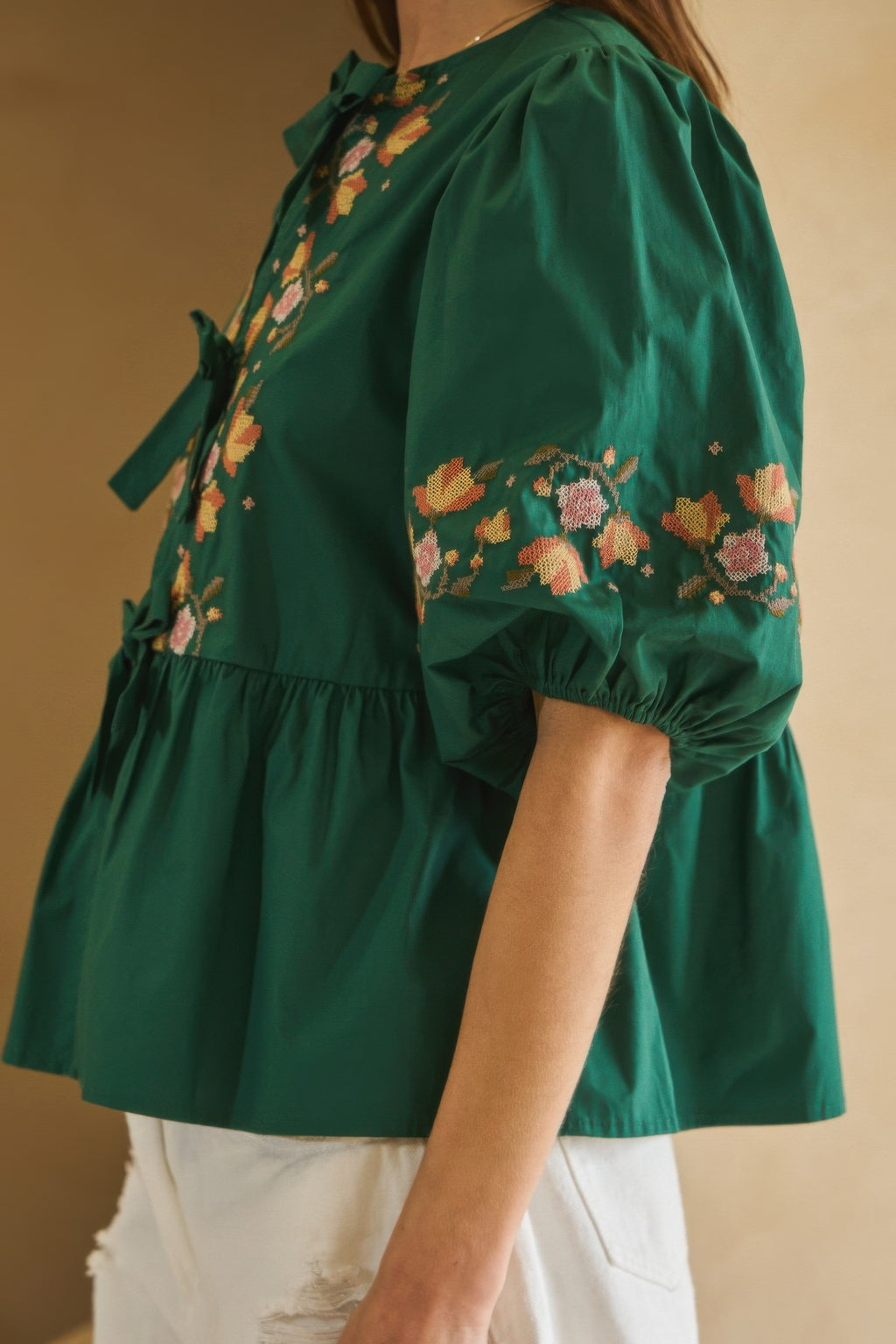 Embroidered Bow Peplum Blouse -