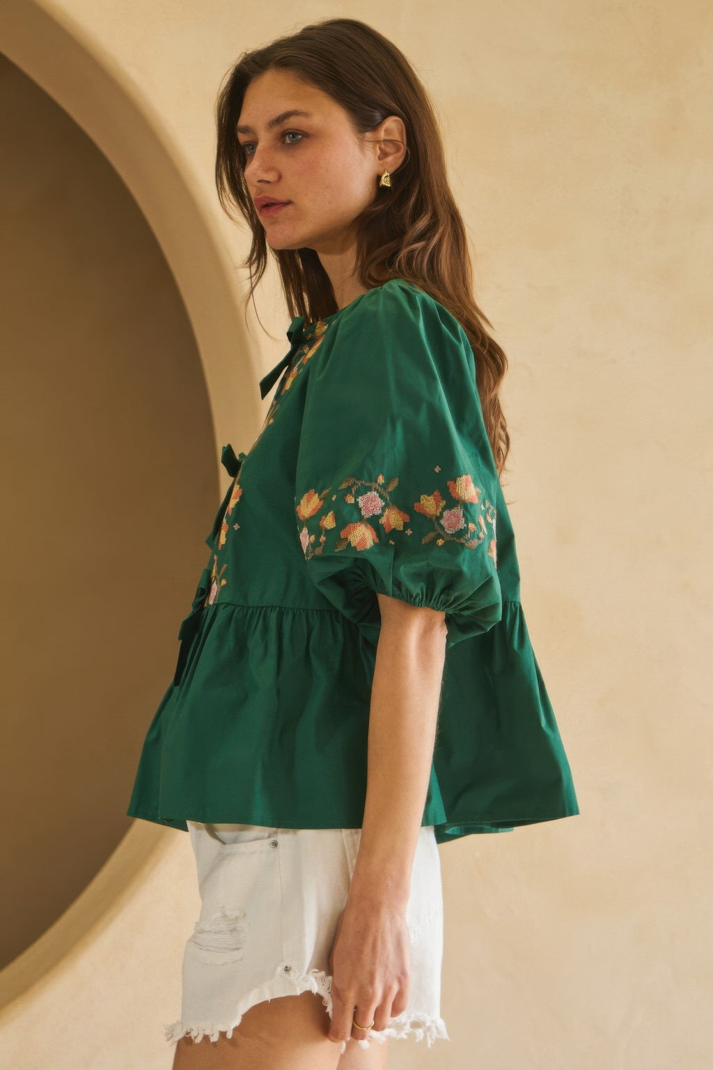 Embroidered Bow Peplum Blouse -