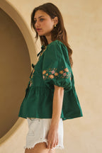 Embroidered Bow Peplum Blouse -