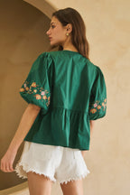Embroidered Bow Peplum Blouse -