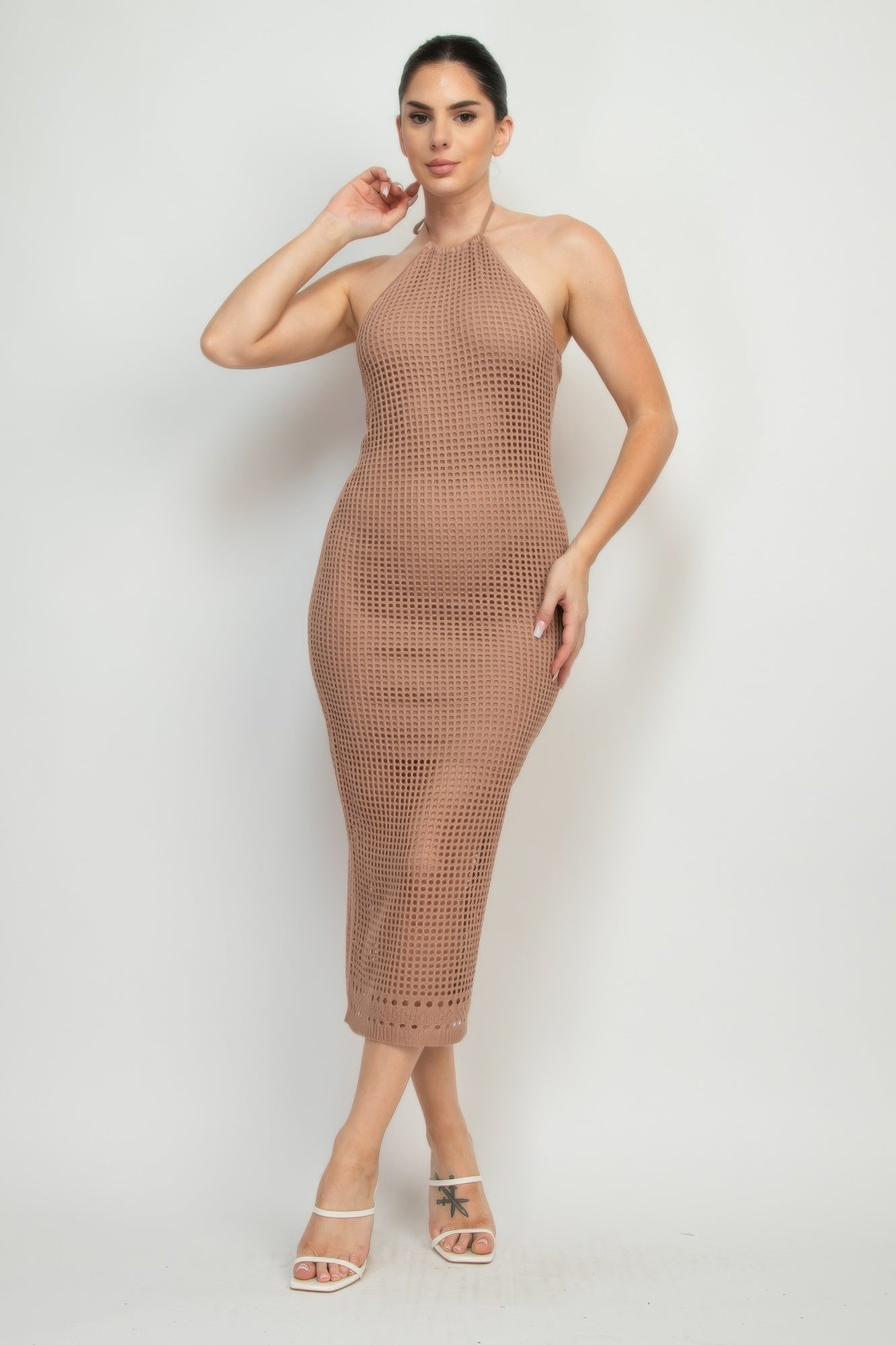 Open Knit Halter Midi Dress - Mocha