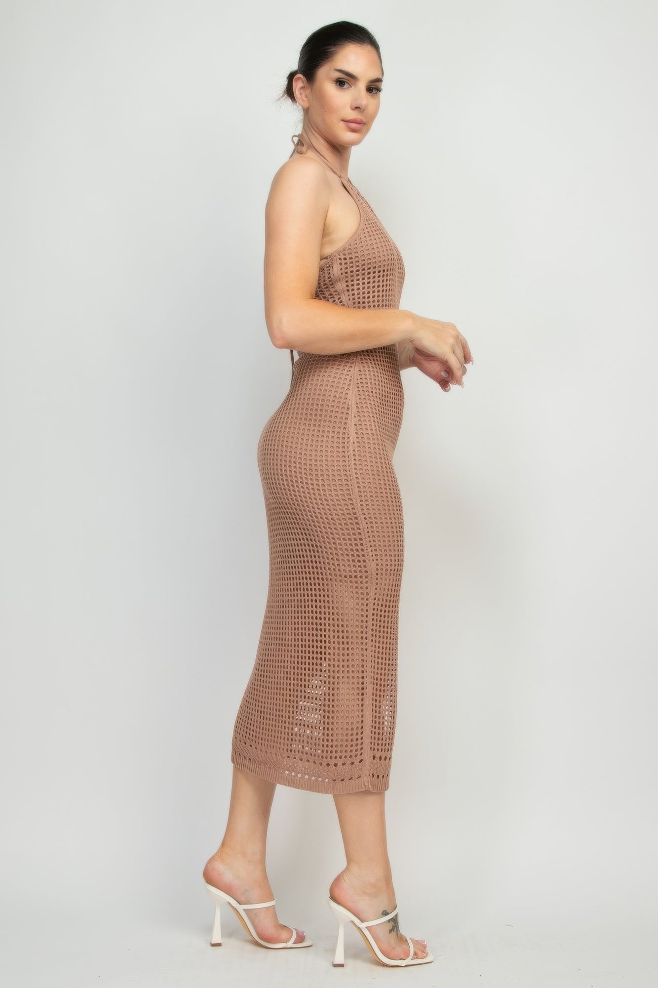 Open Knit Halter Midi Dress -