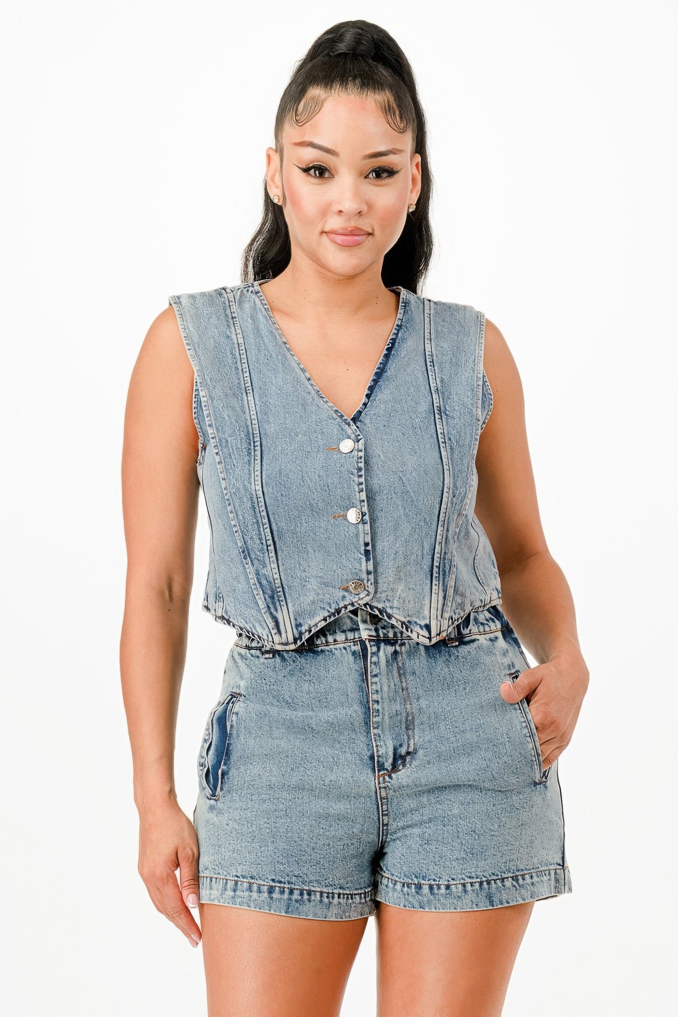 Denim Button Vest Shorts Set Secondary image