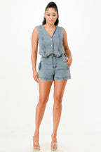 Denim Button Vest Shorts Set - L