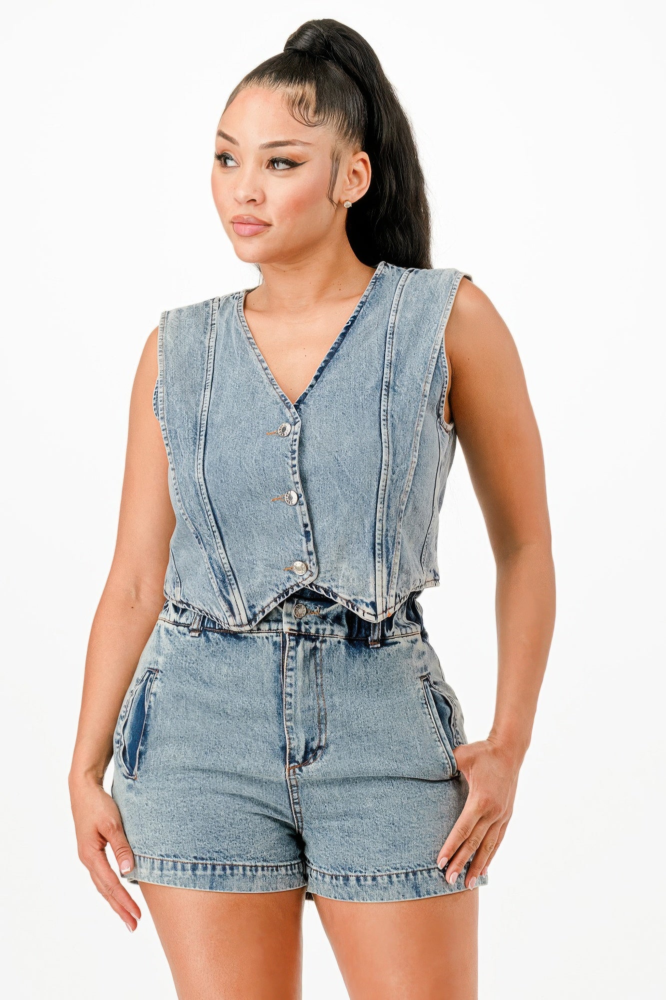Denim Button Vest Shorts Set -