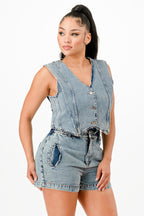 Denim Button Vest Shorts Set -