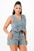 Denim Button Vest Shorts Set -