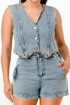 Denim Button Vest Shorts Set -