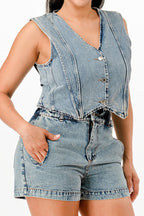 Denim Button Vest Shorts Set -