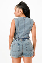 Denim Button Vest Shorts Set -