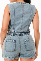 Denim Button Vest Shorts Set -