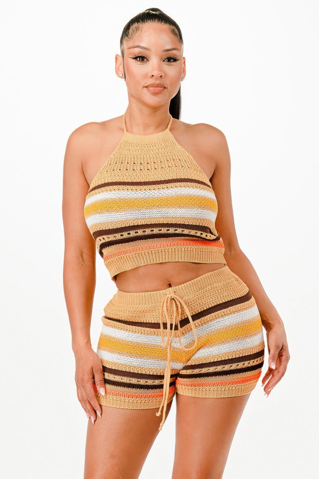 Striped Crochet Halter Short Set -