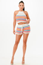 Striped Crochet Halter Short Set -