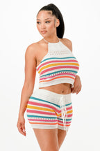 Striped Crochet Halter Short Set - White