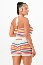 Striped Crochet Halter Short Set -