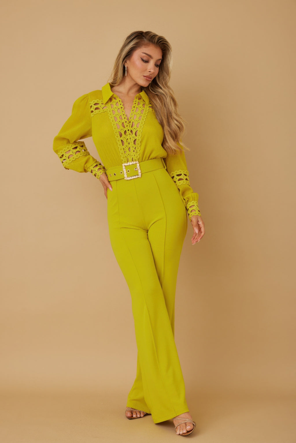 Crochet Detail Woven Jumpsuit - Lime