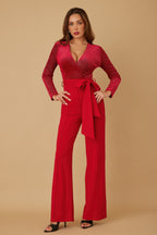 Velvet Wrap Top Evening Jumpsuit - Red