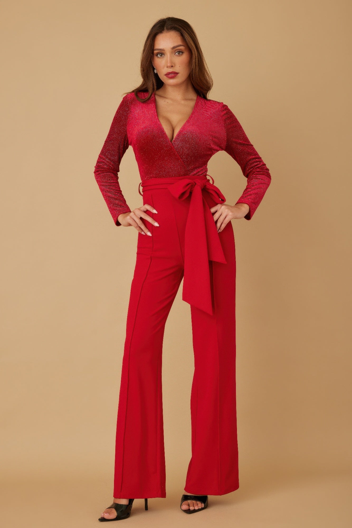 Velvet Wrap Top Evening Jumpsuit - Red