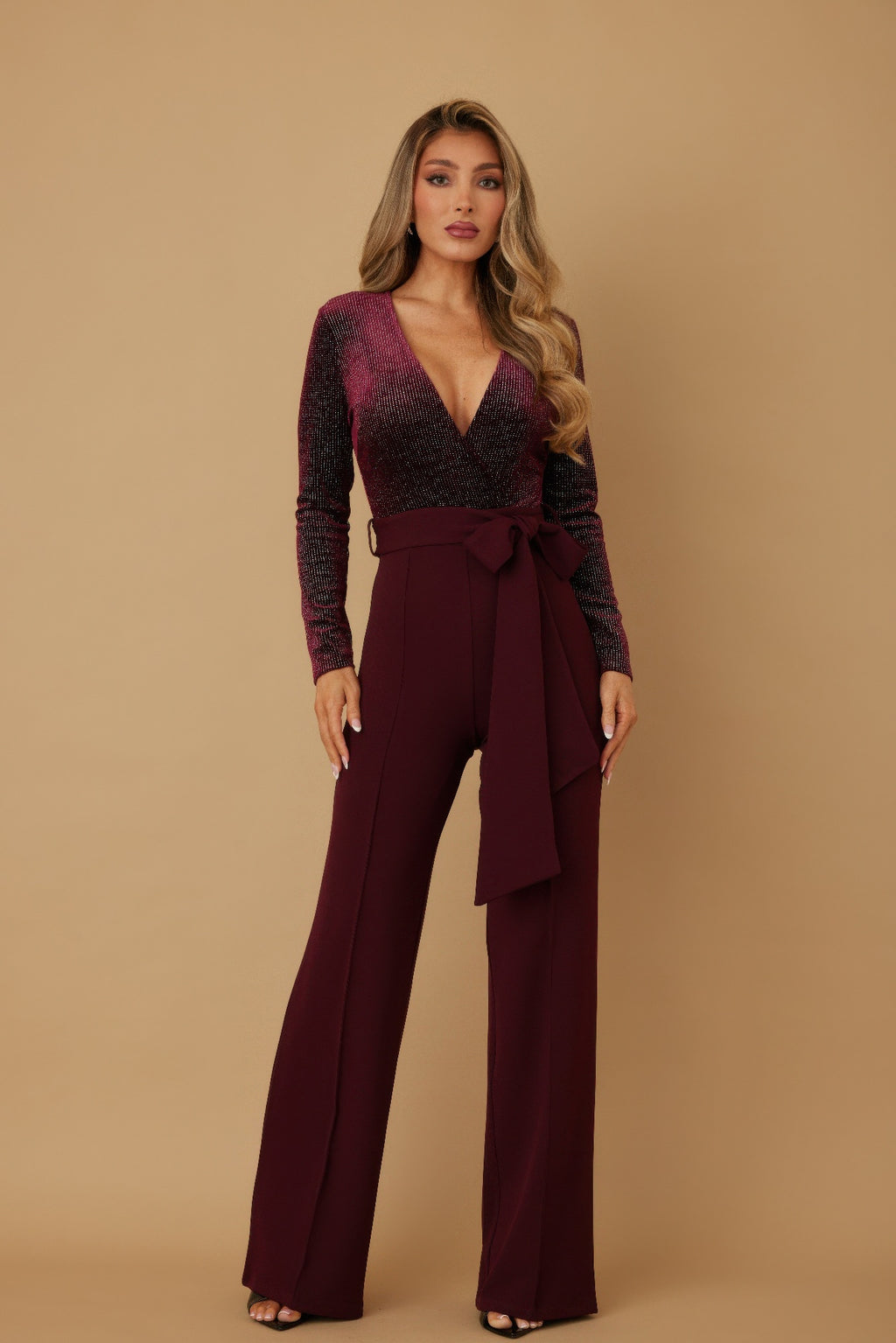 Velvet Wrap Top Evening Jumpsuit - Wine
