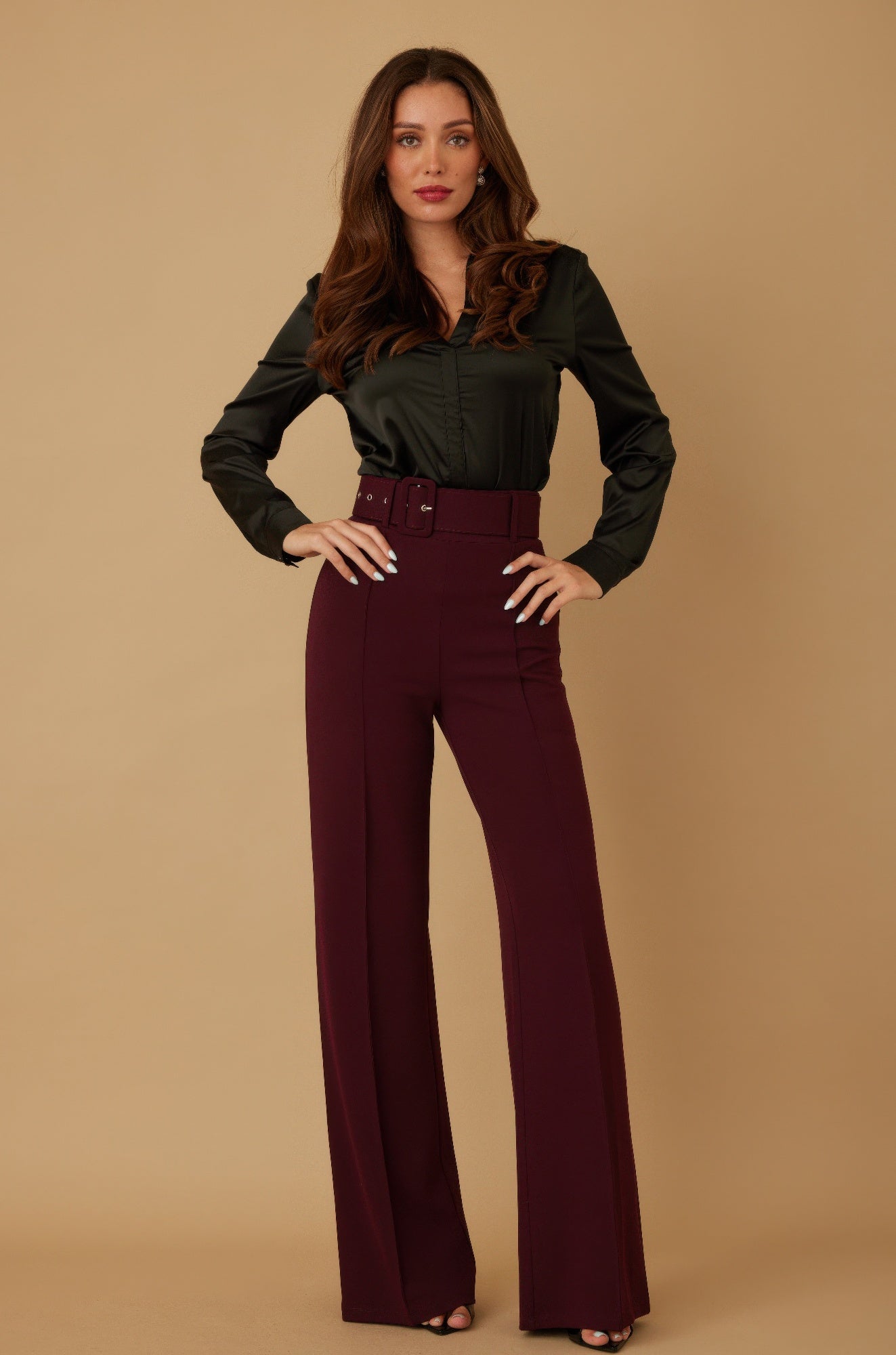 High Waist Belted Flared Pants - Wine Main image