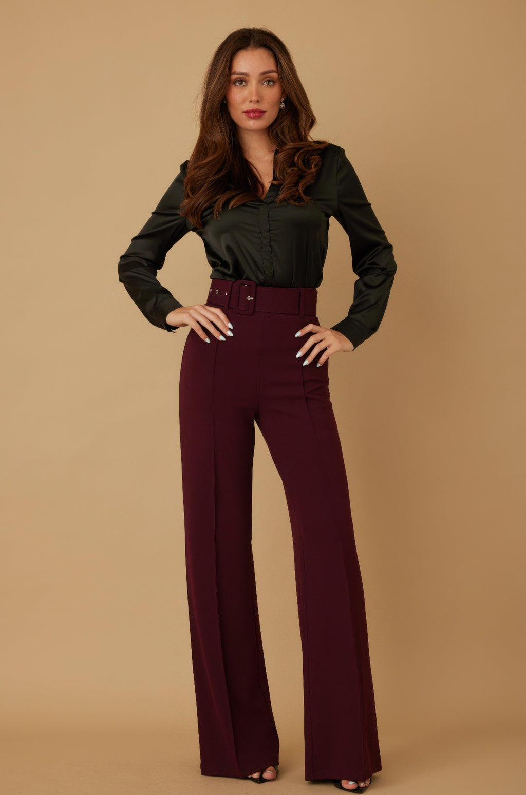 High Waist Belted Flared Pants - Wine