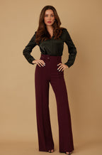 High Waist Belted Flared Pants - Wine