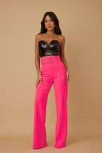 High Waist Belted Flared Pants - Neon Fuchsia