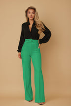 High Waist Belted Flared Pants - Kelly Green