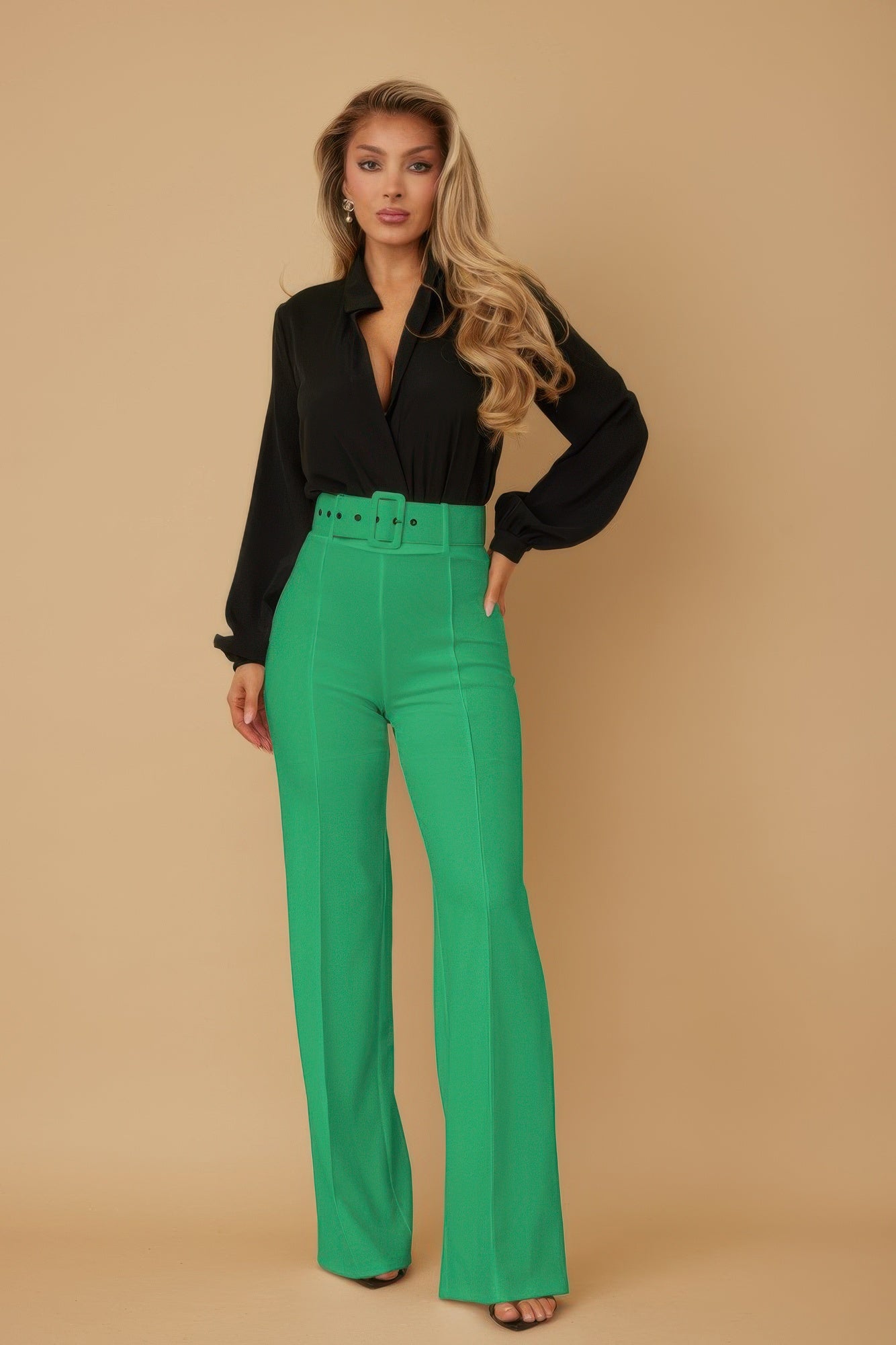 High Waist Belted Flared Pants - Kelly Green
