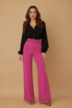 High Waist Belted Flared Pants - Magenta