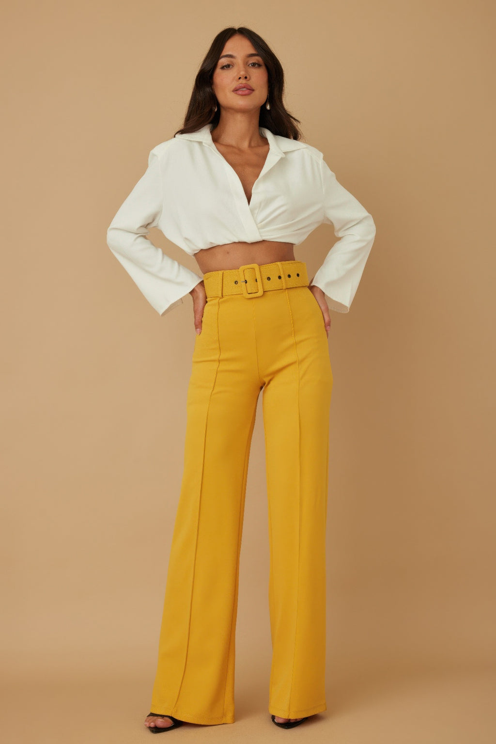 High Waist Belted Flared Pants - Fall Mustard