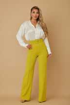 High Waist Belted Flared Pants - Lime
