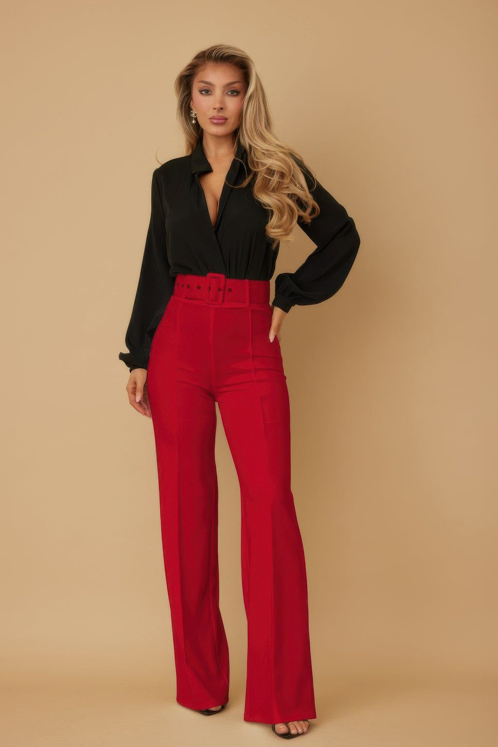High Waist Belted Flared Pants - Red