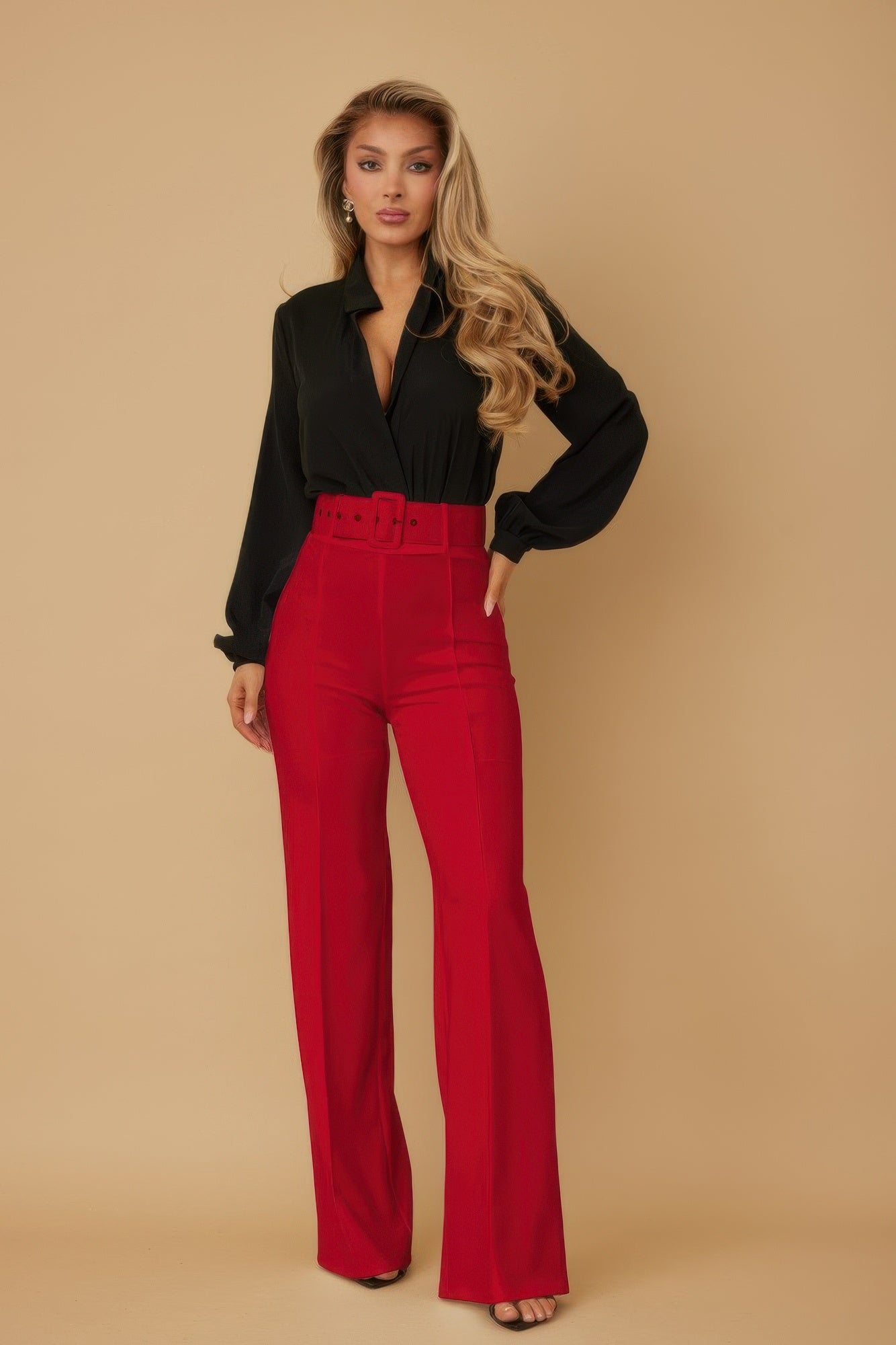 High Waist Belted Flared Pants - Red
