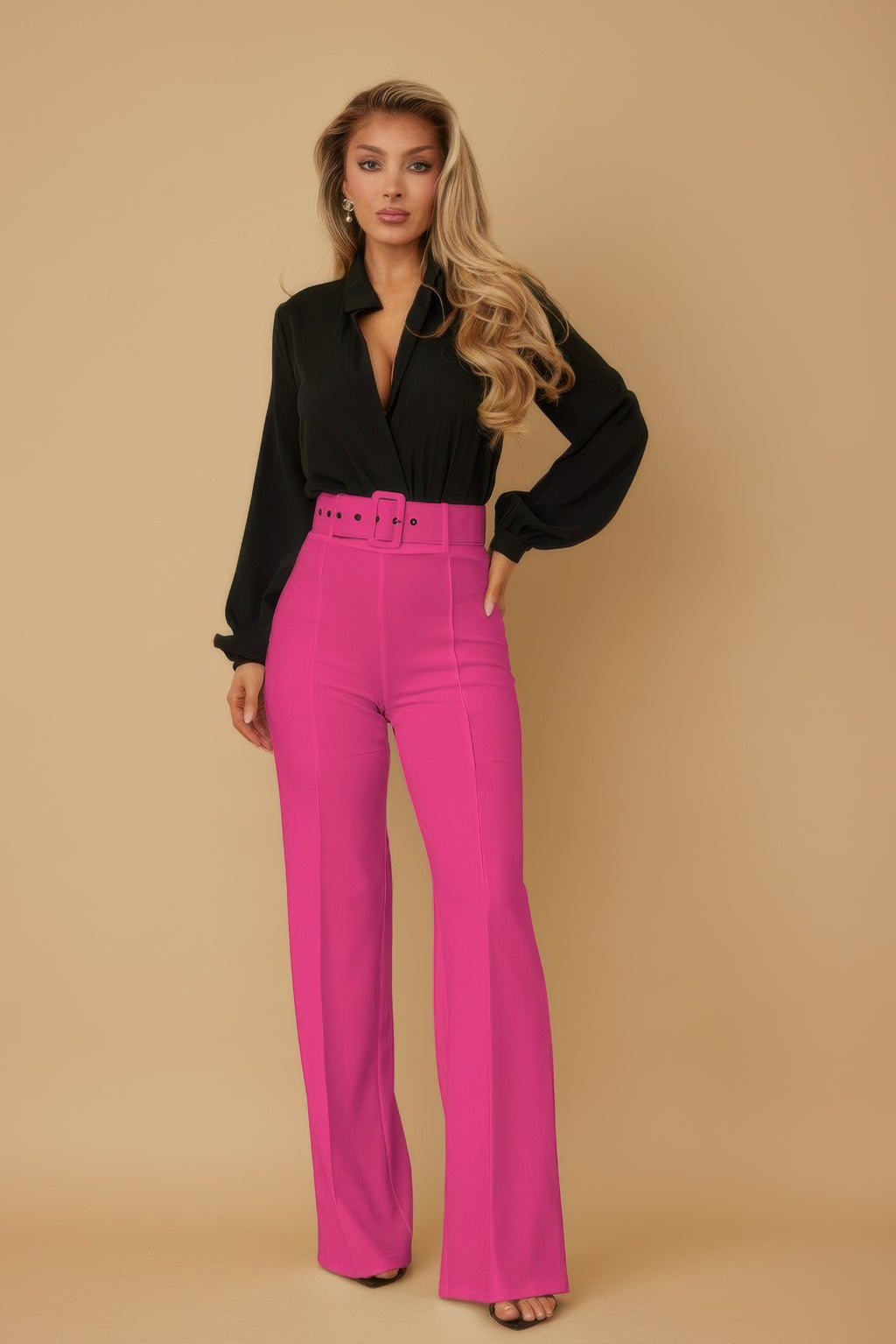 High Waist Belted Flared Pants - Fuchsia