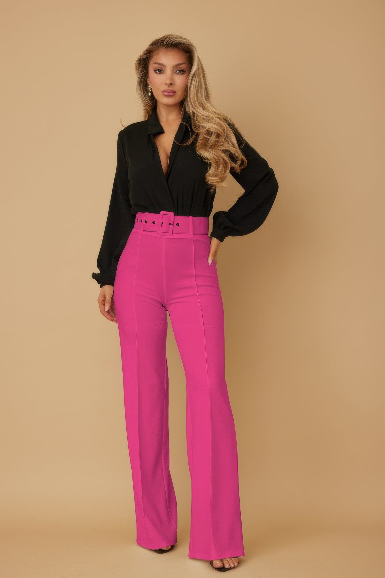 High Waist Belted Flared Pants - Fuchsia