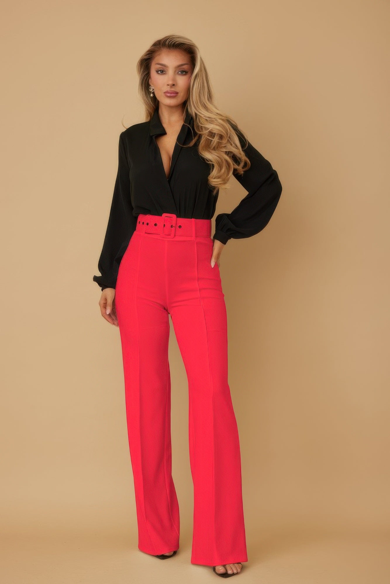 High Waist Belted Flared Pants - Dark Coral