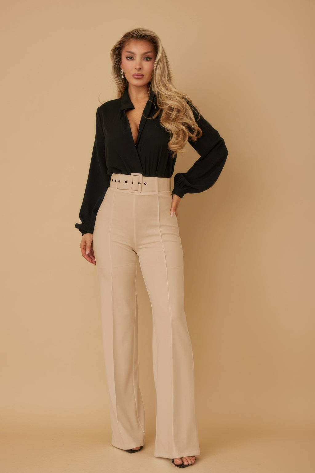 High Waist Belted Flared Pants - Khaki