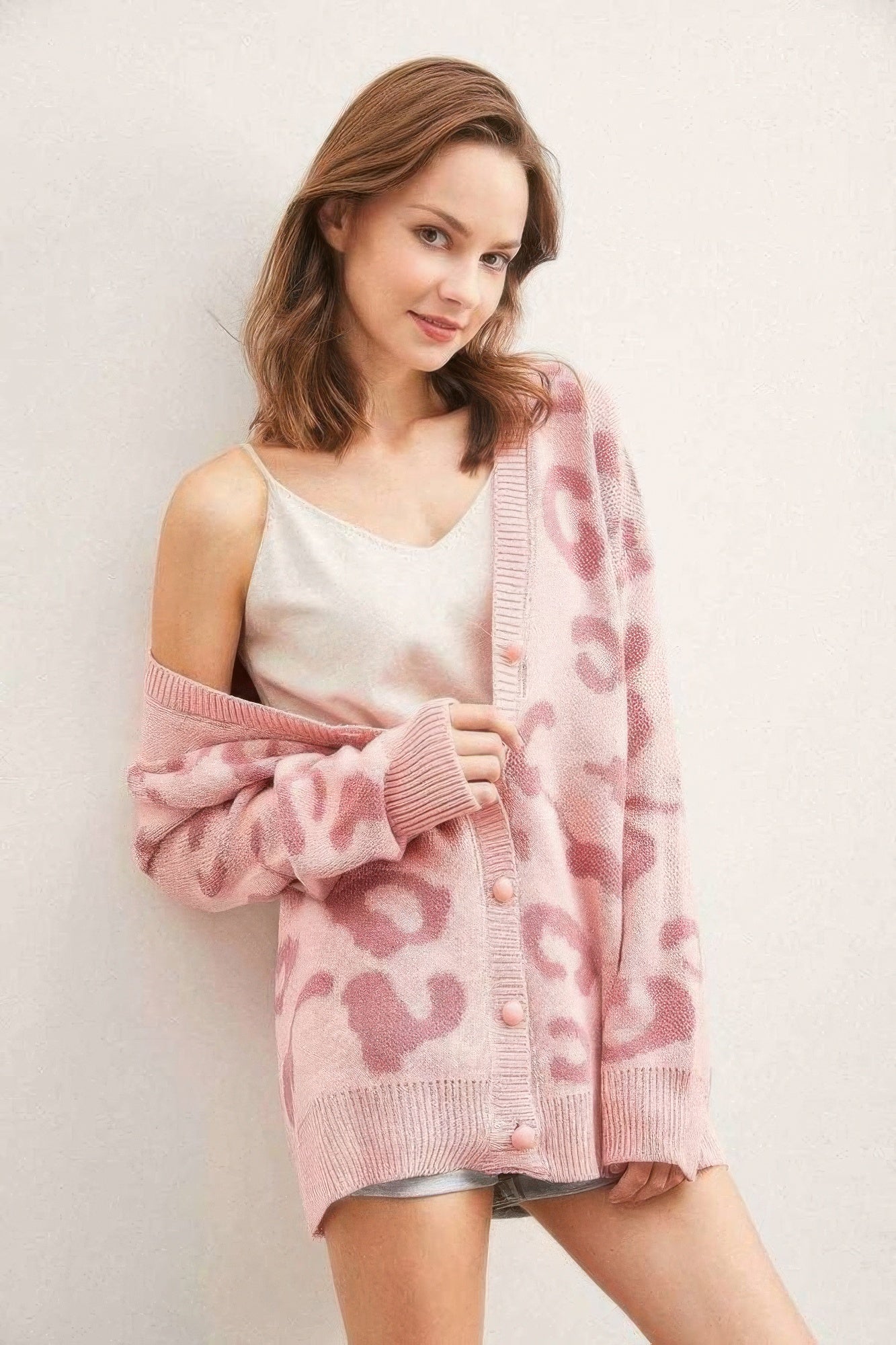 Pink Leopard Knit Cardigan - L