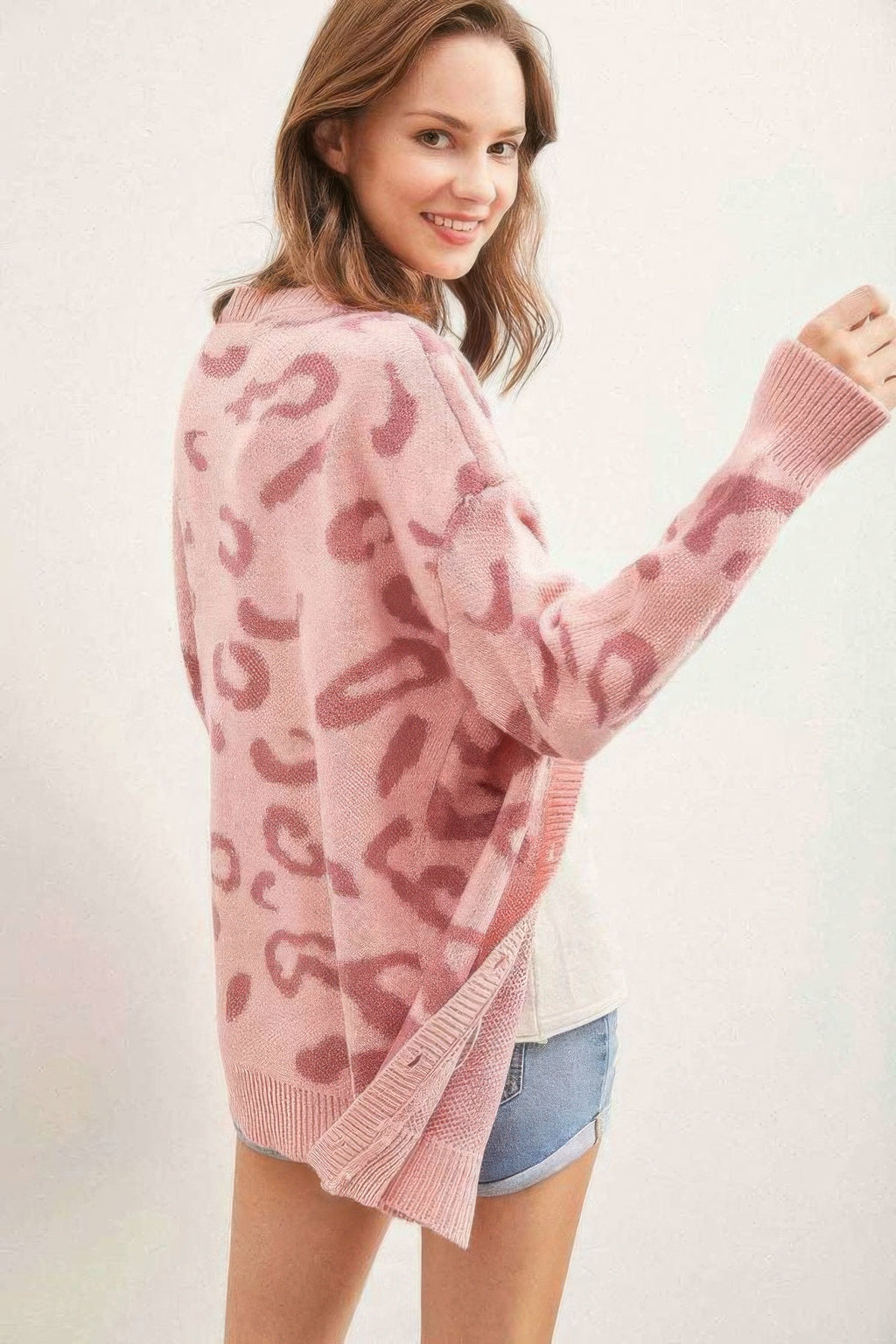 Pink Leopard Knit Cardigan -