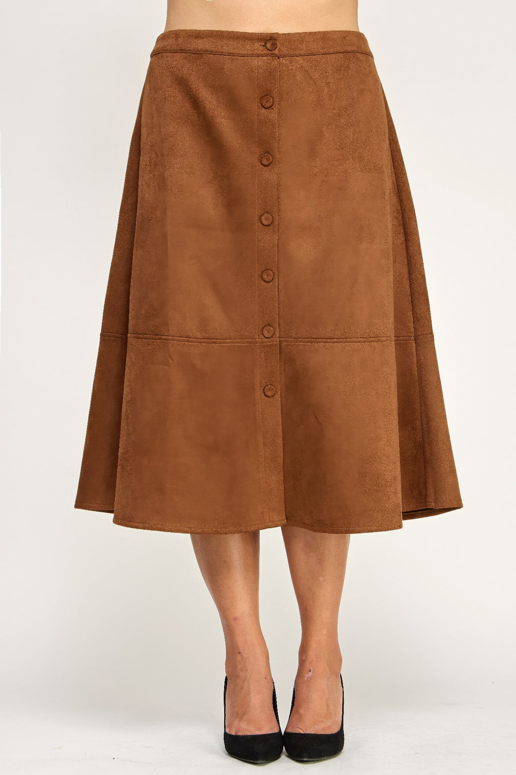 Button Front Faux Suede Midi Skirt -