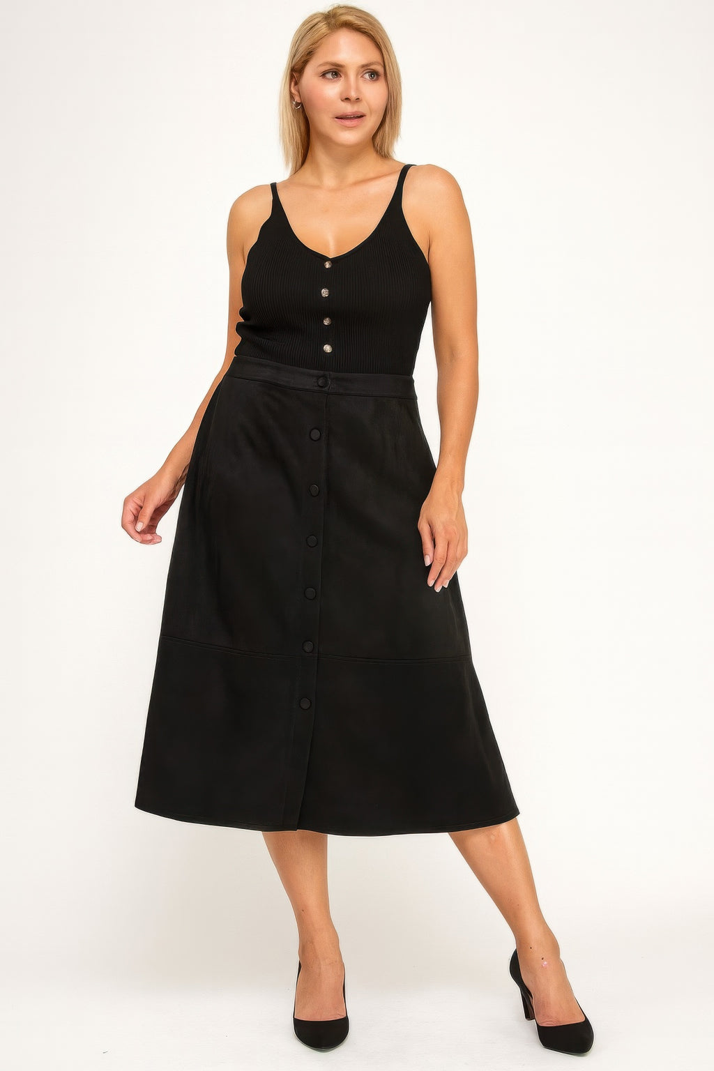 Button Front Faux Suede Midi Skirt - Black