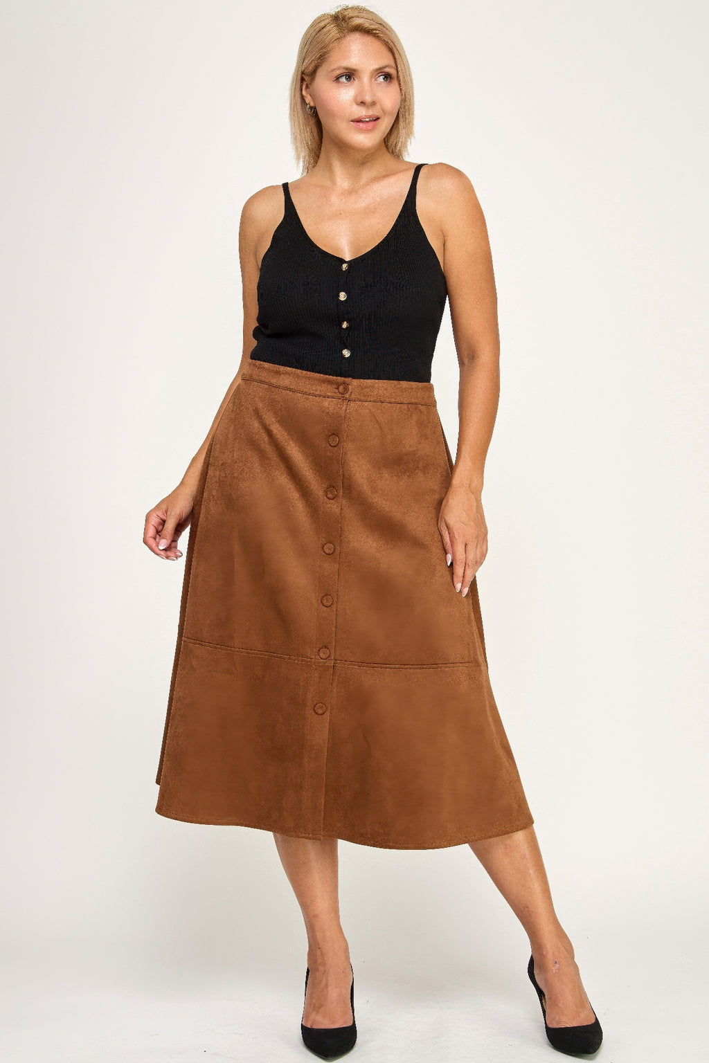 Button Front Faux Suede Midi Skirt -